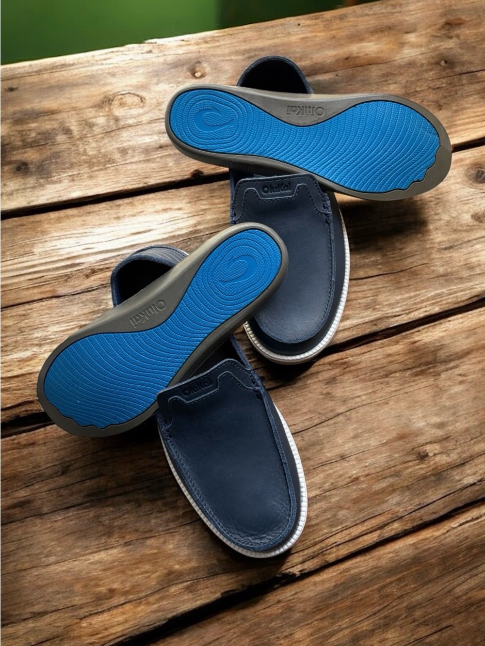 OluKai Kākaha Nia Men’s Navy Blue Leather Slip-On Shoes - Picture 9 of 16